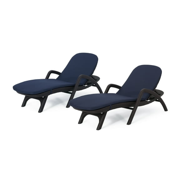 Riley Outdoor Faux Wicker Chaise Lounges, Set of 2, Dark Brown and Navy Blue