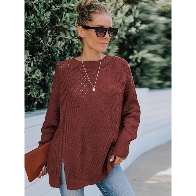 Womens Cute Elegant Crewneck Long Sleeve Hollow Cable Knit Pullover Sweaters