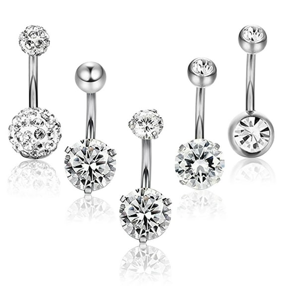 5pcs Belly Button Piercing Barbell Set, 14 Gauge Surgical Steel Piercing Belly Button, Pearl Diamond Piercing Jewelry, Belly Piercing Navel Piercing for Women Men (Silver)