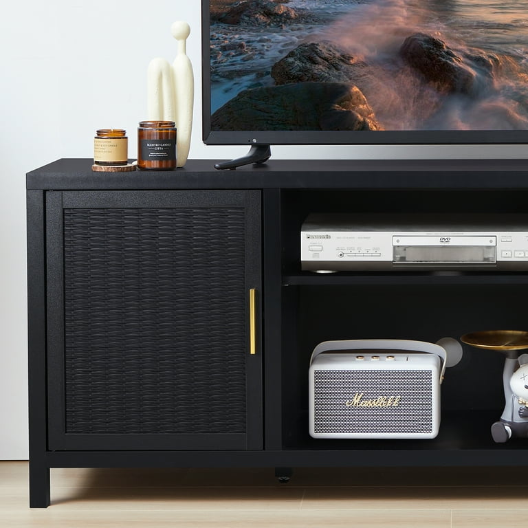 Modern TV Stand For 65+ Inch TVs - Black Fluted Panel Media Console With Sliding Doors & Adjustable Shelves (58 Inch)