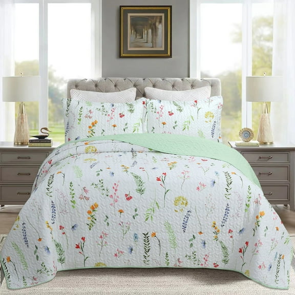 3-Piece Printed Floral Quilt Set Lightweight Bedspread with Pillow Shams, Soft & Breathable Bedding ME505
