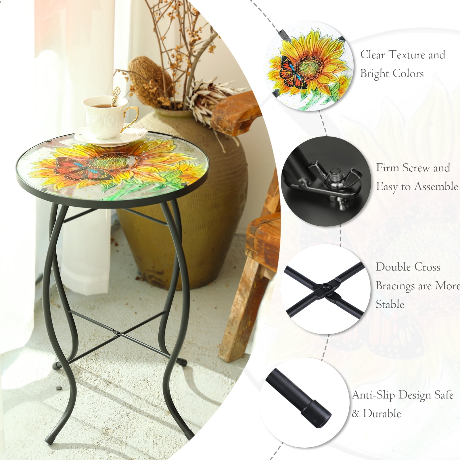 Patio Side Table Outdoor Accent Table Bistro Coffee Table Plant End Table Small Porch Table Indoor Round Glass Balcony Plant Table Stands Sunflower