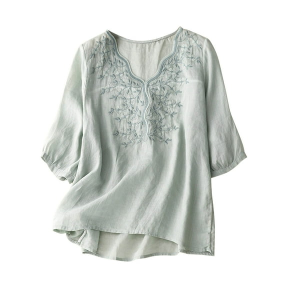 MIUOWANP Tops for Women Trendy Elbow Sleeve Solid Color Loose Breathable Cotton And Linen Embroidery T-shirt Size XXL(12)Green
