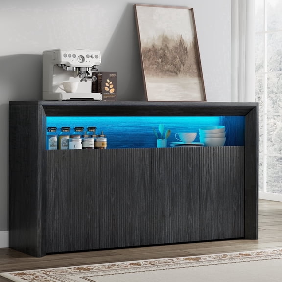Einhomn 66.2" Kitchen Buffet Cabinet, LED Credenza Sideboard with 4 Fluted Doors & Adjustable Shelves