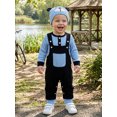 thumbnail image 4 of 3Pcs Infant Boy Outfit Crew Neck Long Sleeve Contrast Color Romper Suspender Pants and Dog Face Print Hat Set, 4 of 8