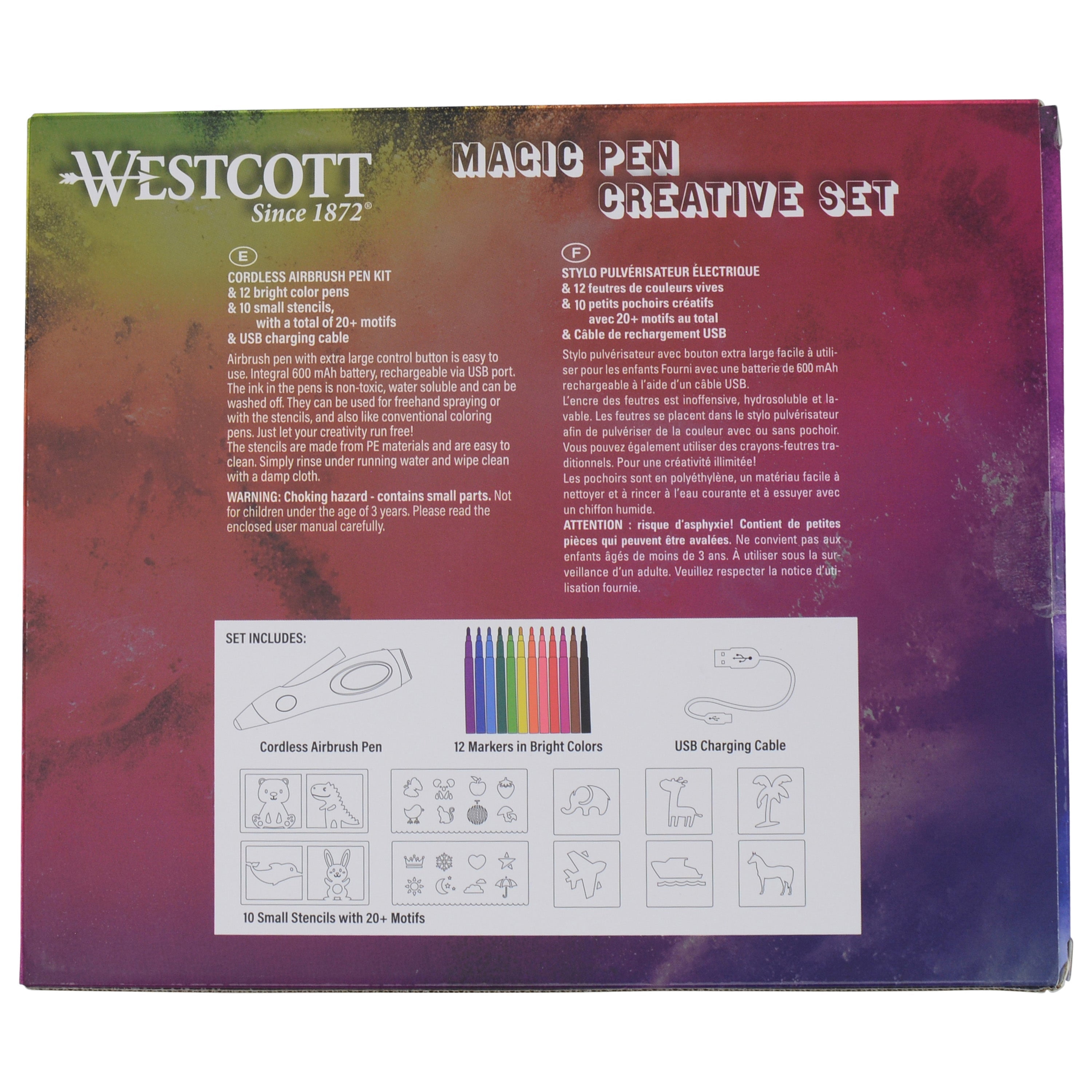 Westcott Magic Pen Airbrush Set for Adults and Children with 12 Felt Markers & 10 Stencils for Painting & Crafting, Battery Charged with USB Cable, Mint Color