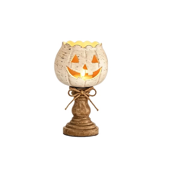 MYUNNIL Rustic White Pumpkin Tealight Candle Holder, Autumn Farmhouse Vintage Wooden Pumpkin Lamp with Bow, 6 Inch Mini Cute Halloween Table Centerpiece for Fireplace Shelf Desk Home Decor