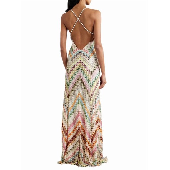 Women'S Beach Dress Deep V Neck Backless Striped Bodycon Halter Knit Maxi Dress Colorful S