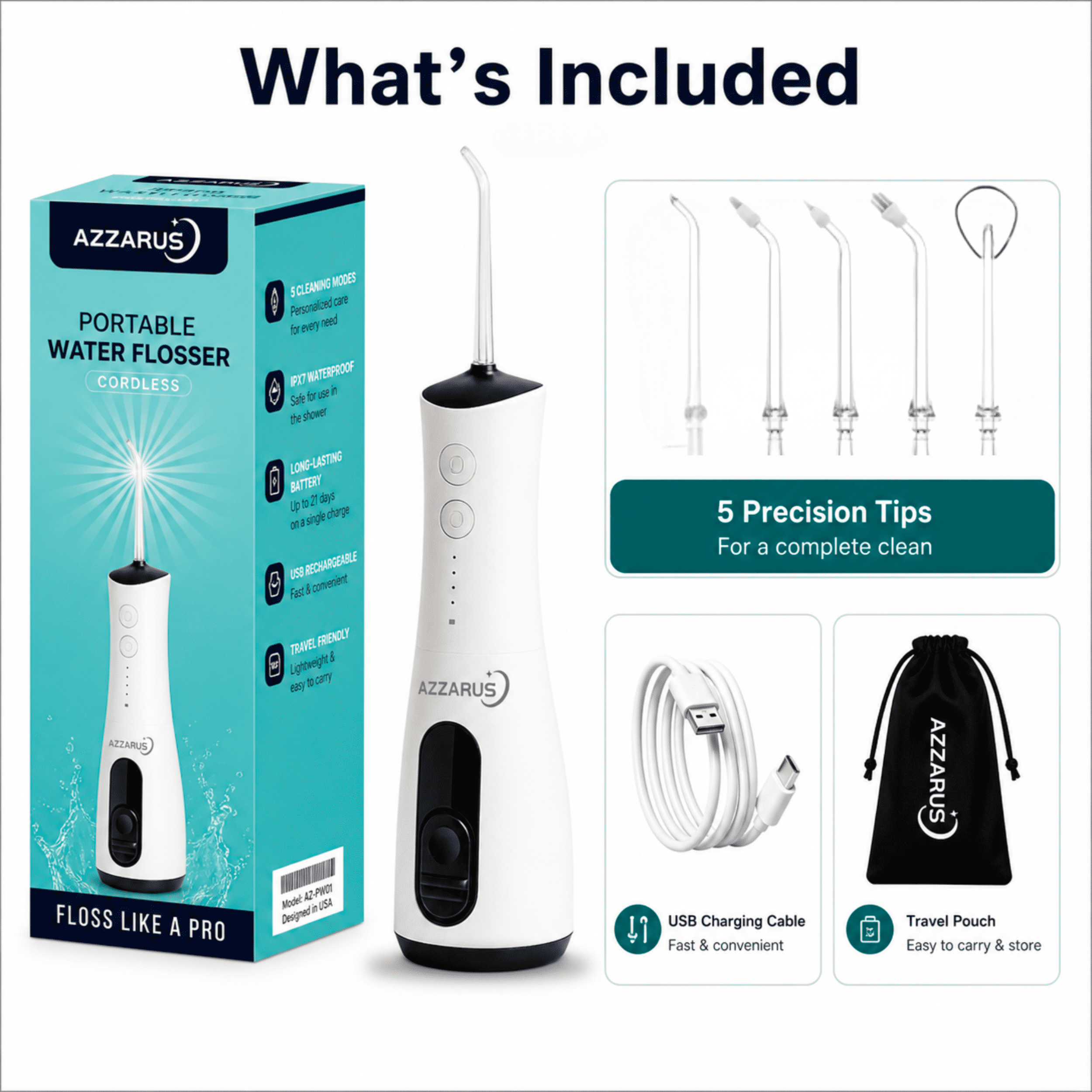 AZZARUS® Water Flosser – Cordless Oral Irrigator, Portable, 300ml Tank, 4 Modes, 5 Tips, Rechargeable, Waterproof (White)