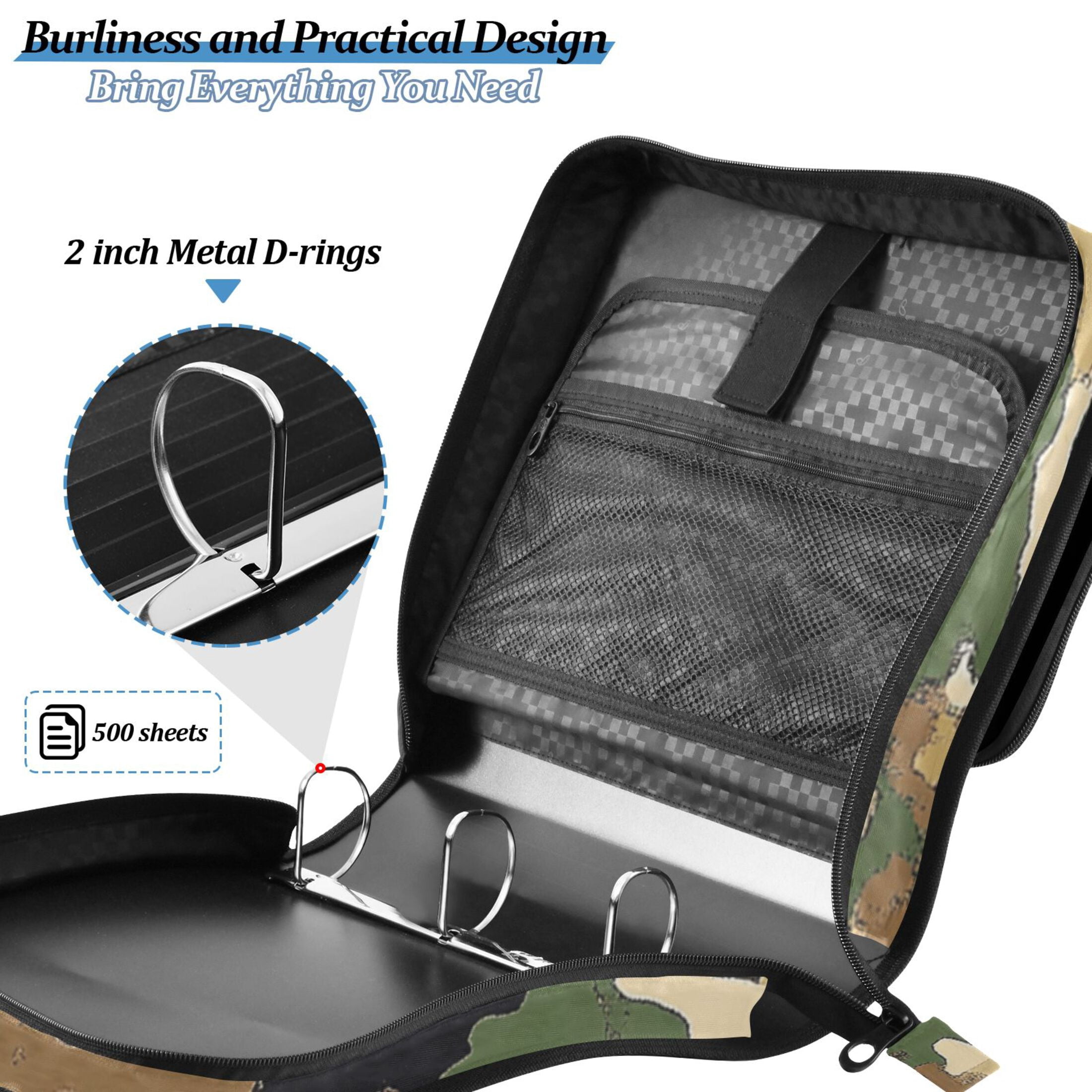 3 Ring Zipper Binder with Shoulder Strap Waterproof Trapper Keeper 2 Inch D-Ring 500 Sheets Capacity Green Brown Camouflage