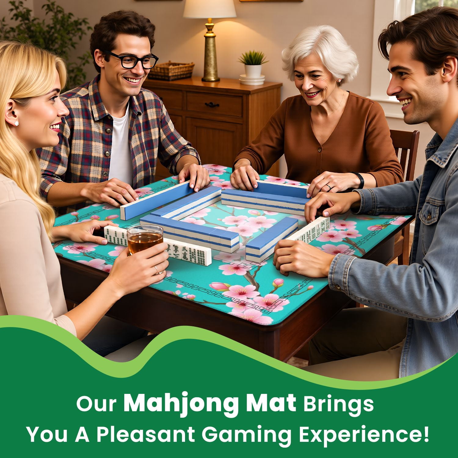 Mahjong Mat 31.5" x 31.5" Seamless Pink Cherry Blossoms Turquoise Non-Slip Noise Reduction American Mahjong Tiles Table Cover for Dominoes Poker Card Board Games Gift