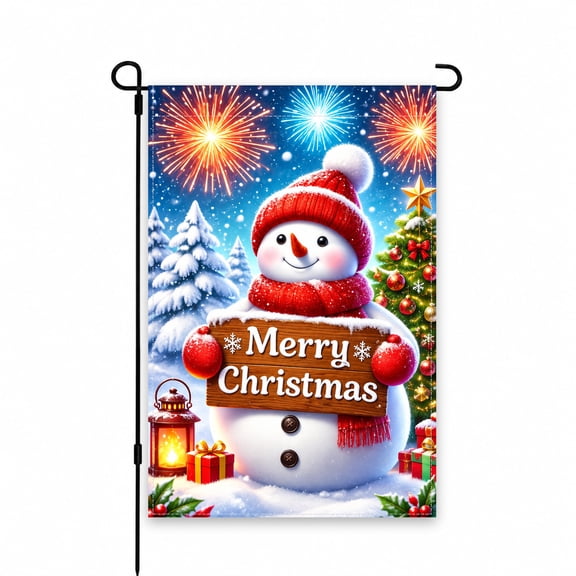 Christmas Snowman Garden Flag 12 x 18 Inch with Festive Holiday Design, Merry Christmas Sign, Fireworks, and Snowy Winter Scene for Outdoor Decor