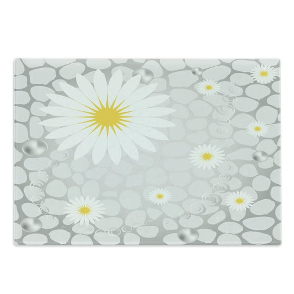 Grey and Yellow Cutting Board, Hawaiian Island Flowers on Abstract Animal Print Theme Backdrop, Decorative Tempered Glass Cutting and Serving Board, Large Size, White and Pale Grey, by Ambesonne