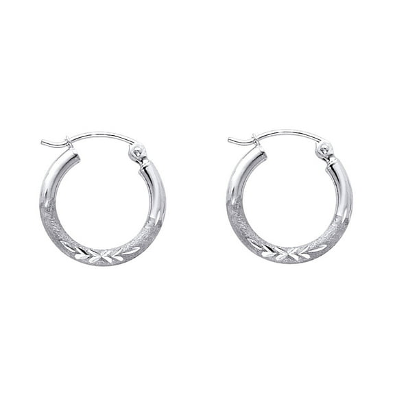 Solid 14k White Gold Small Round Hoop Earrings Diamond Cut Matte Polished Finish Fancy 15 x 2 mm
