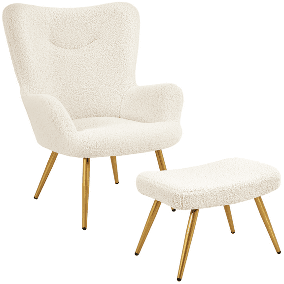 Yaheetech Boucle Accent Chair and Ottoman Set with Golden Metal Legs for Living Room, Ivory