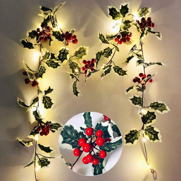 Guirnalda navideña de 20 LED con luces, bayas rojas, hojas de acebo, luces de cadena, guirnaldas decorativas navideñas con pilas, guirnalda navideña cálida Li