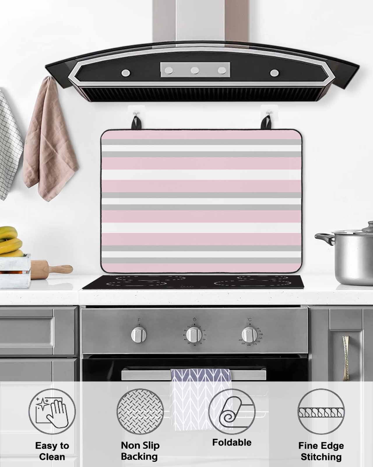 nqOlkjepod Large Induction Cooktop Protector Mat 24"x21", Pink Grey Stripe Stove Top Covers for Electric Stove, Minimalist Farmhouse Striped Decorative Stove Burner Cover Mats, Glass Top Stove Cover