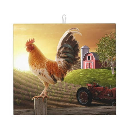 

Lukts Country Farm Morning Rooster Print Ultra Water Dish Drying Mat Slip Resistant Pad for Sink Dishes or Under Rack Kitchen Counter Accessories