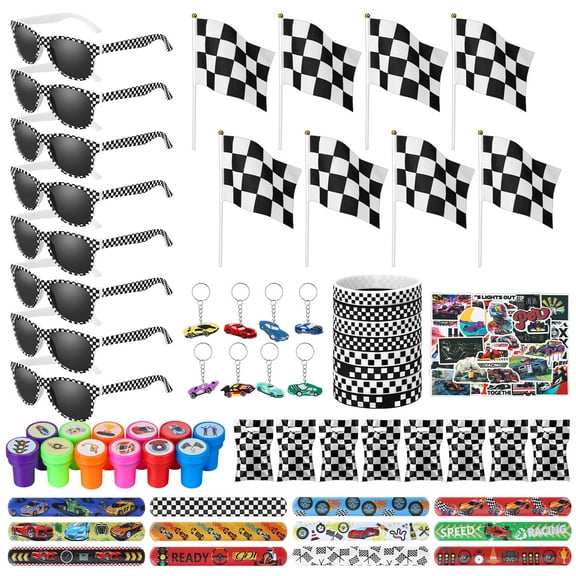 sixwipe 107 Pcs Race Car Party Favors Set, Car Themed Birthday Party Decorations, Goodie Bag Stuffer Pinata Filler with Racing Glasses and Flags, Cars Themed Favors for Wheel Birthday Decor