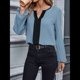 thumbnail image 5 of Blusas Elegantes e Informales para Mujer, con Cuello en V y Bloques de Color, para el Trabajo, de Larga, Ropa de Moda para Otoño Azul XL, 5 of 9