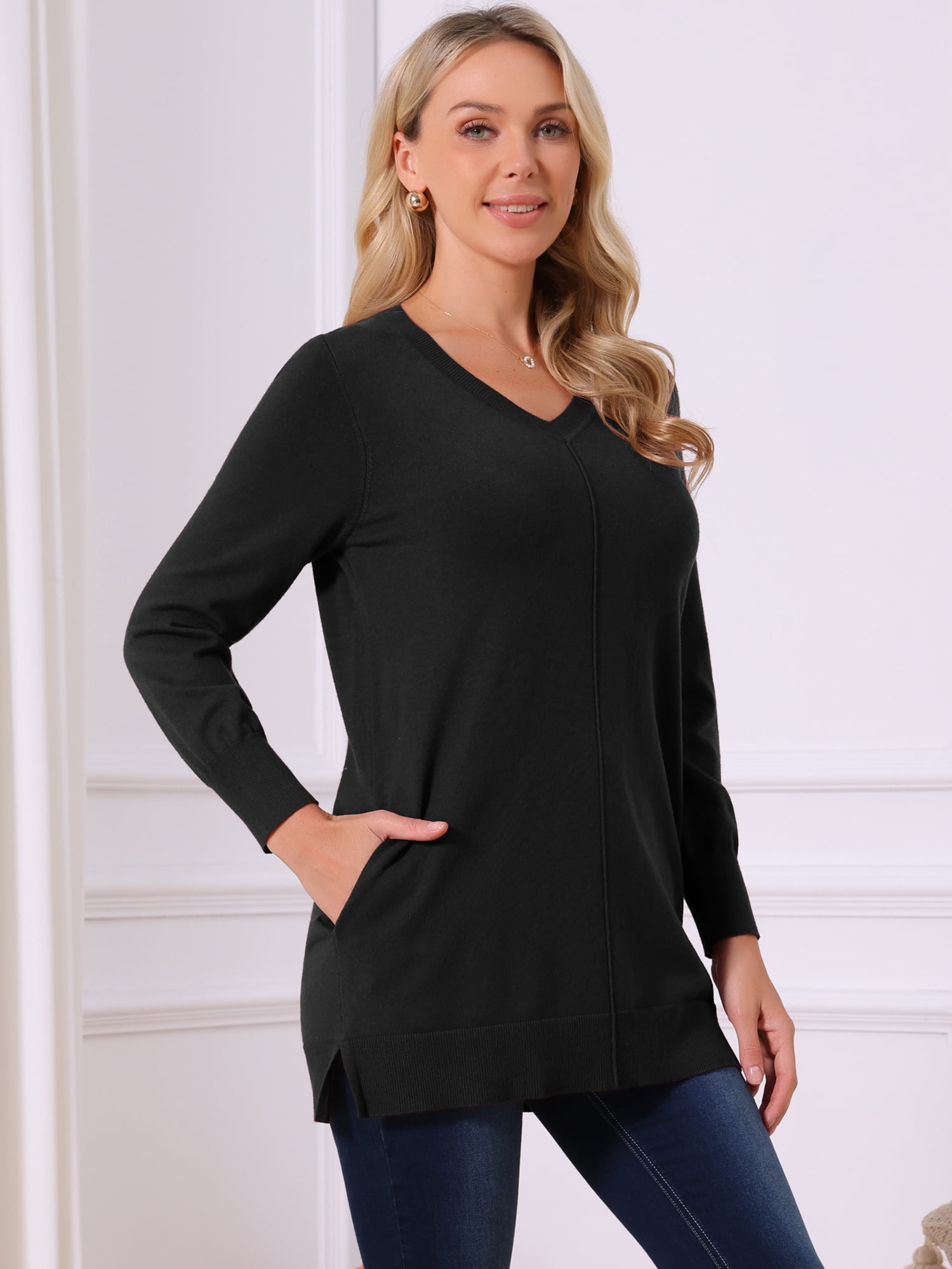 DARING DIVA V Neck Long Sleeve Chunky Knit Pullover Sweater S Black