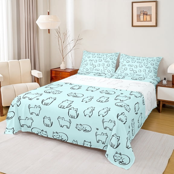 Manfei Cartoon Cute Cat Queen Sheet Sets, Kawaii Blue Animal Flat Sheet, Teens Boys Girls Kids Queen Fitted Sheet, Microfiber Bedroom Decor, 4 Pieces