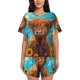 thumbnail image 1 of Balery Cute Cow Sunflowers Art Conjunto de Pijama para Mujer con Estampado, Dos Piezas de Manga Corta y Shorts, Ropa de Dormir Suave con Cuello Redondo y Bolsillos-XX-Large, 1 of 6