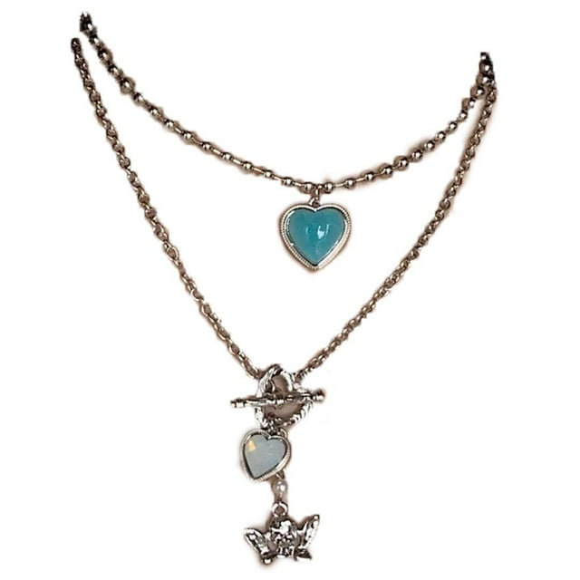 Collar estético, colgante con dije de corazón de turquesa en ángulo, collar de cadena en capas, gargantilla de cadena gótica, joyería, atuendo de moda punk