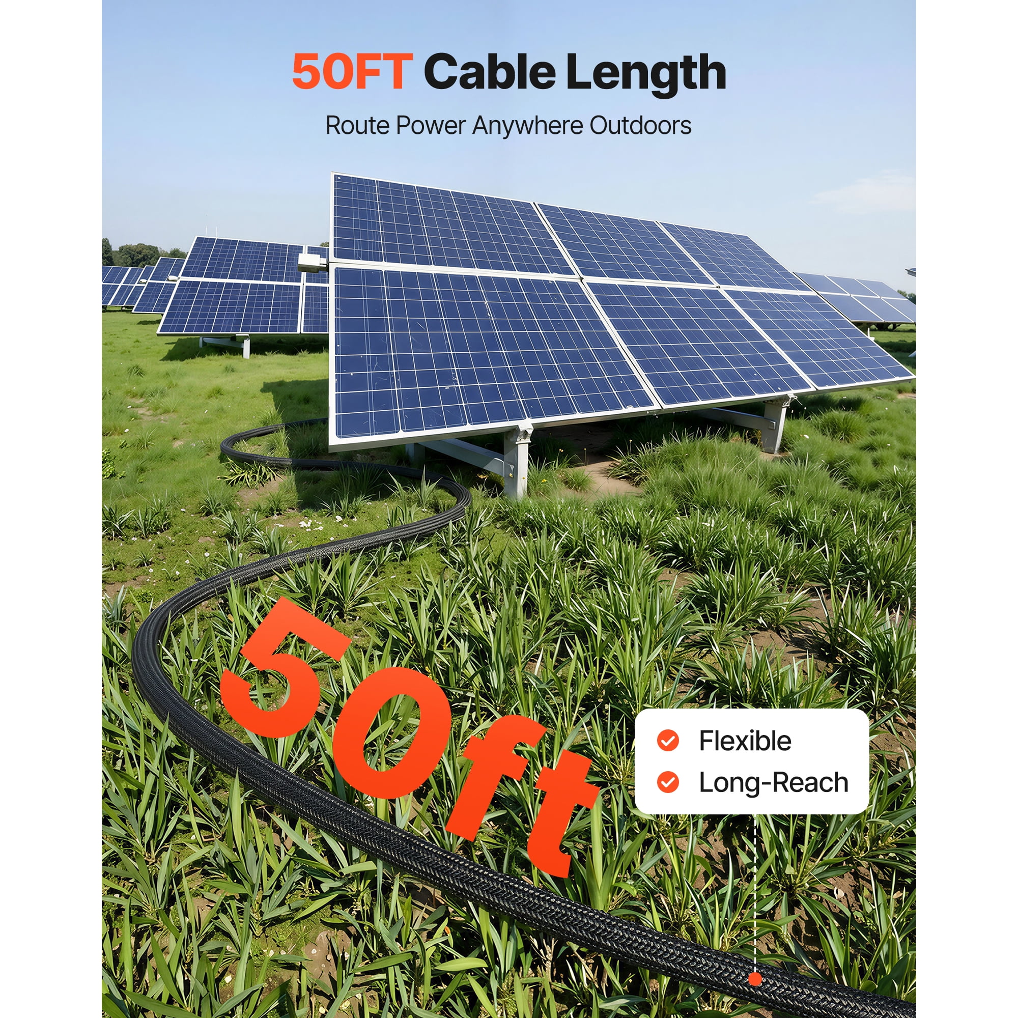 KFFKFF 50FT Solar Panel Extension Cable, 10 AWG, Durable Wire with Flame-Resistant Protective Sleeve, Male and Female Connectors, IP67 Waterproof, Suitable for Outdoor Use in Automotive