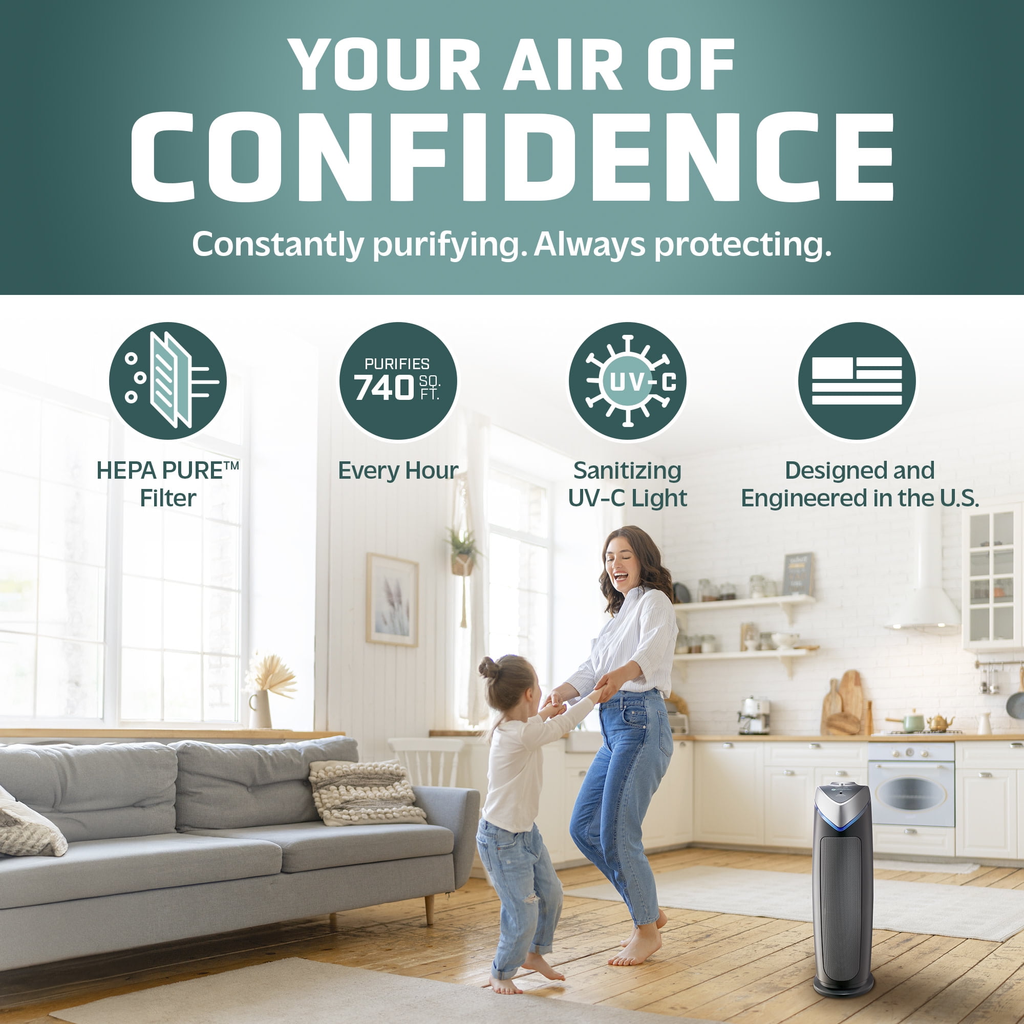 GermGuardian Air Purifier with HEPA Filter and UV-C Sanitizer, 743 Sq. ft, AC4825DLX, Gray