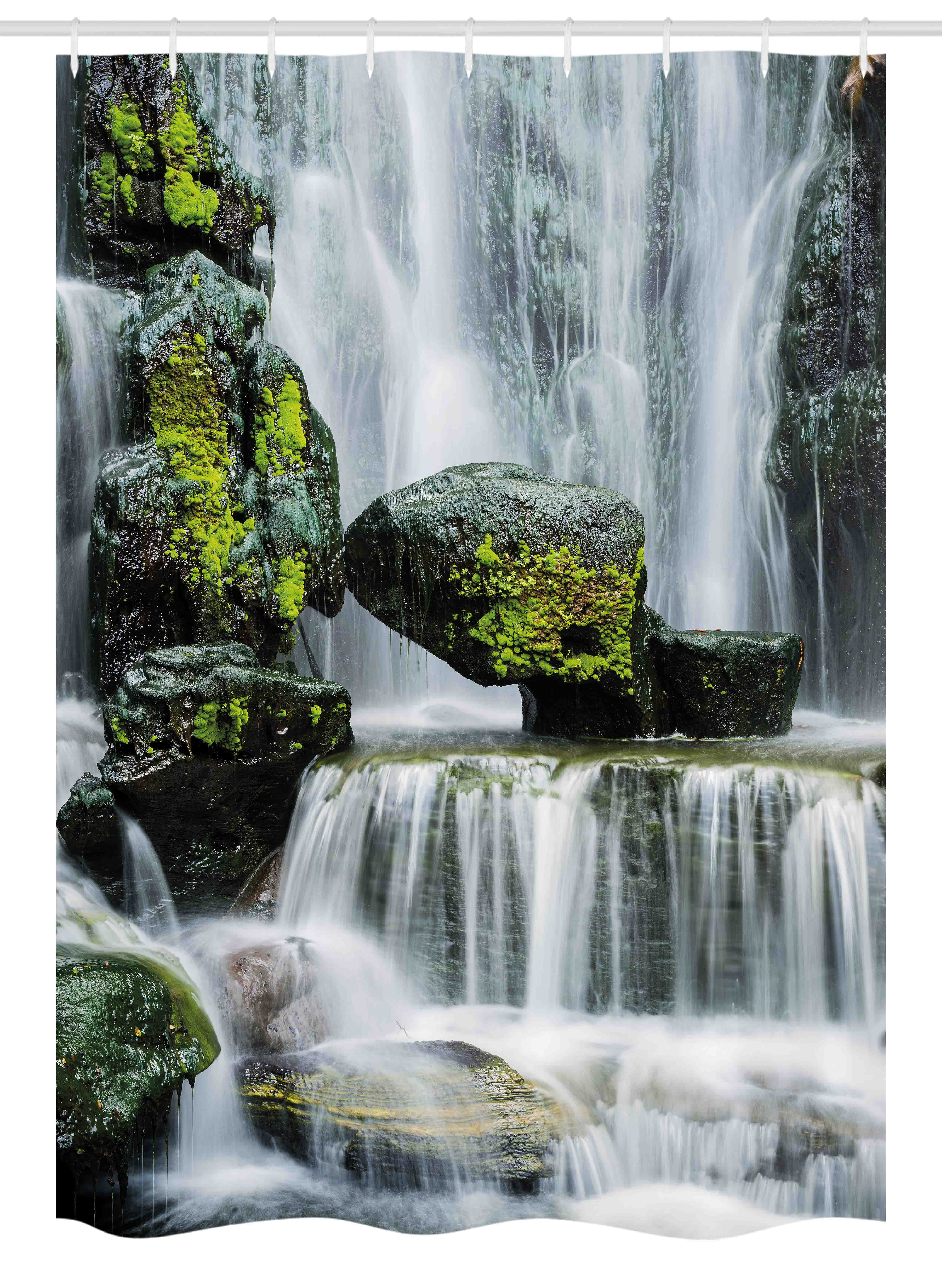 Waterfall Stall Shower Curtain Majestic Waterfall Blocked With Massive Rocks With Moss On Them Photo Fabric Bathroom Set With Hooks 54w X 78l Inches Green Black And White By Ambesonne Walmart Com