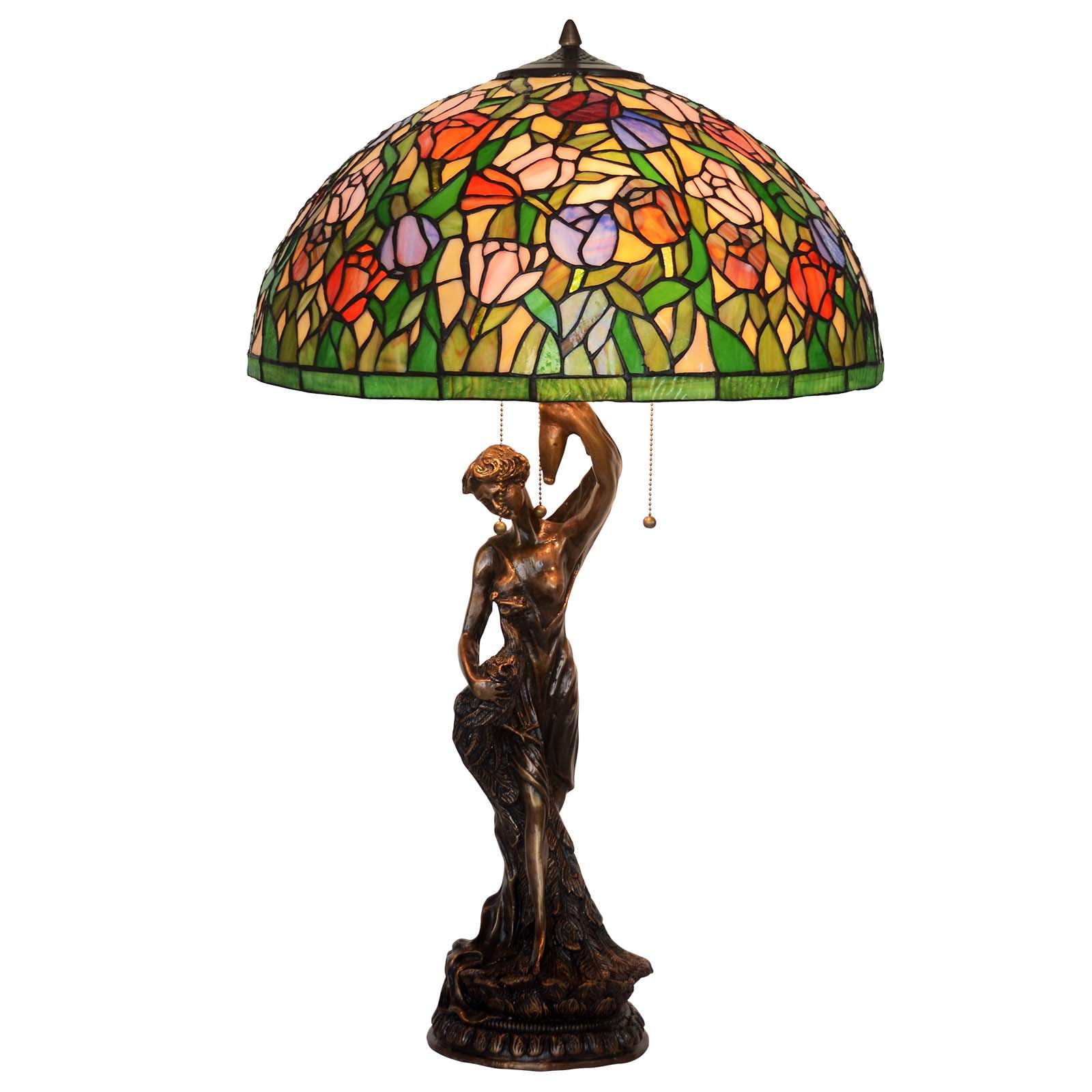 Bieye L10449 20 Inches Tulip Style Stained Glass Table Lamp With 100 Brass Girl Base 34 Inch In Height