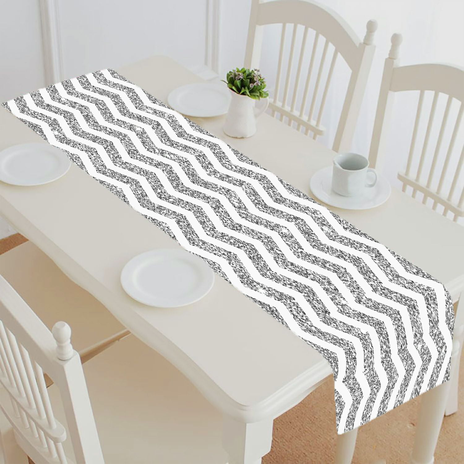 ABPHQTO Bright Chevron Silver Glitter And White Texture Table Runner
