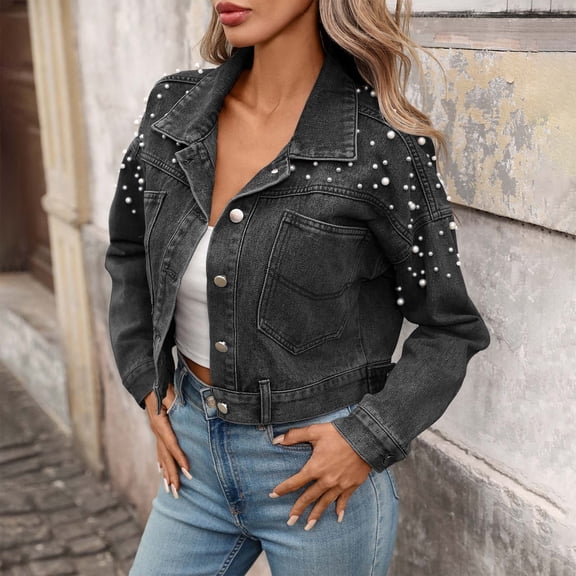 ClodeEU Women's Rhinestone Long Sleeve Cropped Denim Jacket, Button-Down Collar Classic Sparkle Jean Coat Black,Womens Plus L