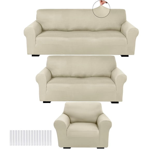 3 Pcs Slipcover Set for Couch Furniture Covers for Sofa Loveseat Couch Arm Chair, Form Fit Stretch, Wrinkle Free, Furniture Protector(Beige,Milk Silk Spandex)