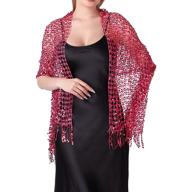 CHAL DE LENTEJUELAS INSPIRADORAS para Mujeres y Envolturas para Vestidos de Noche, Bufanda Brillante con Flecos para Fiestas de Boda Rosa Caliente 66.9"x19.7"