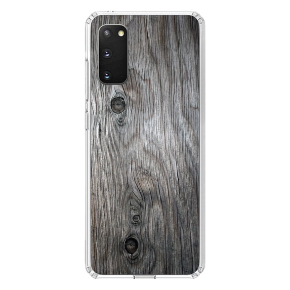 DistinctInk Clear Shockproof Hybrid Case for Galaxy S20 / S20 5G (6.2" Screen) - TPU Bumper, Acrylic Back, Tempered Glass Screen Protector - Grey Weathered Wood Grain Print - Printed Wood Grain Image