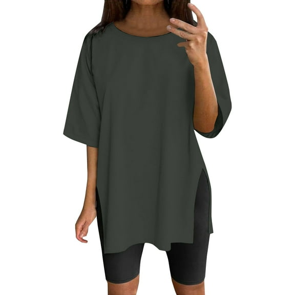 MESSIYO Tunic Tops Short Sleeve Tunic Tops long shirts for women for leggings Side Split Basic Tunic Tops women blouses Dark Gray L