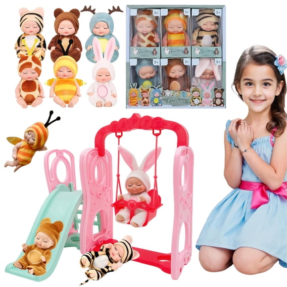 Set de Mini Muñecas Bebé Xadothat 6 piezas 4" con Ropa de Animales y Trineo