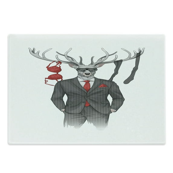 Hipster Cutting Board, Funny Image of Womanizer Deer in Suit with Lingerie on Antler, Decorative Tempered Glass Cutting and Serving Board, in 3 Sizes, by Ambesonne