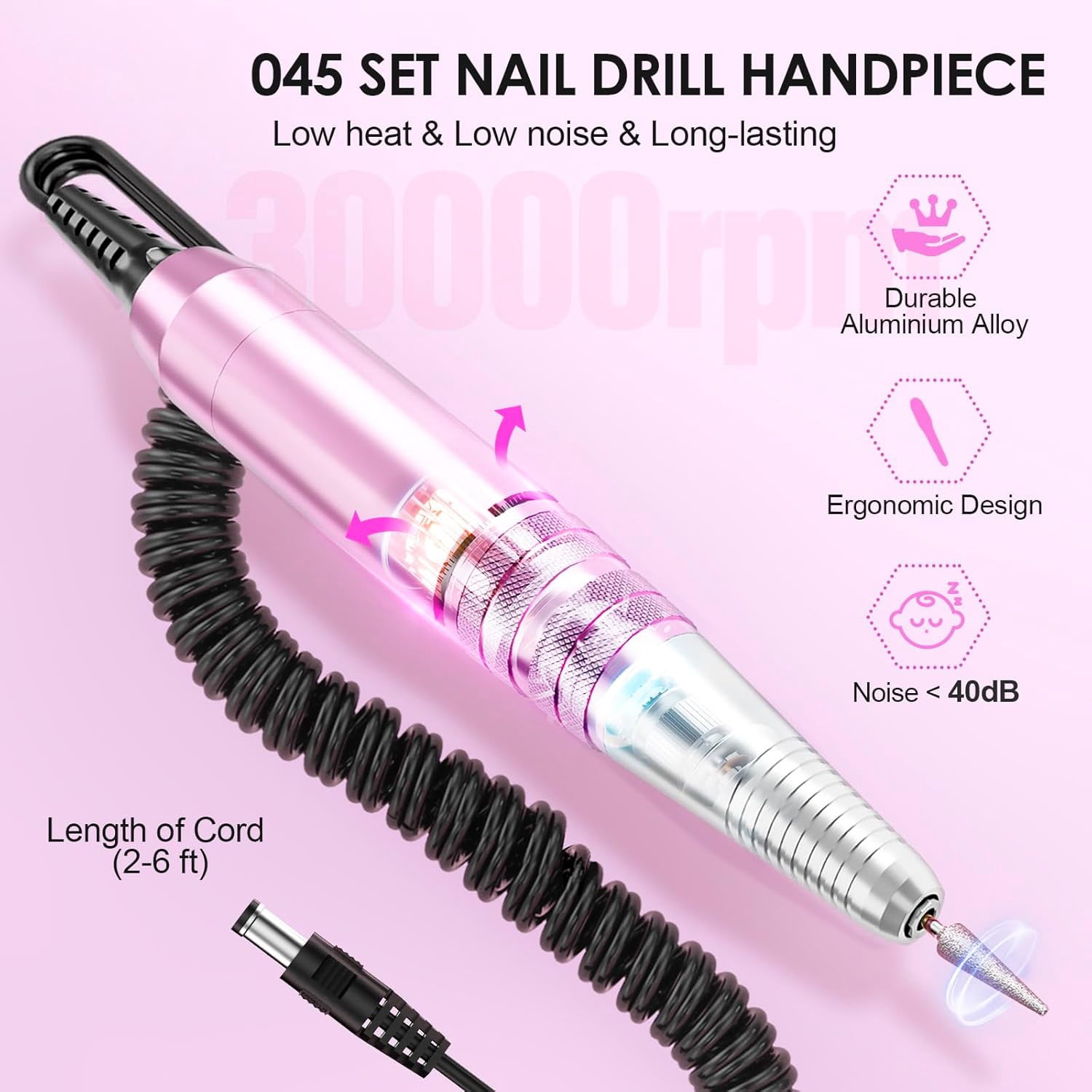 COSITTE 30,000 RPM Low-Vibration Nail Drill, Professional Acrylic Nail Remover, Home/Salon Hand and Foot Care Set-Rose Pink