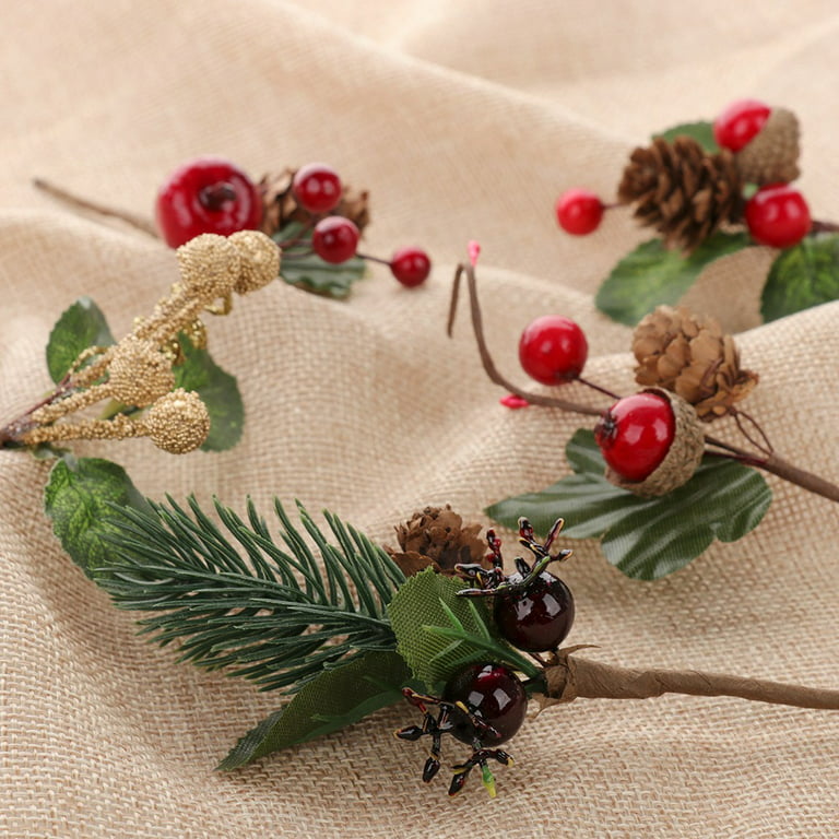 15pcs Red Christmas And Pine Cone Picks With Holly Branches For Decor  Flower Crafts