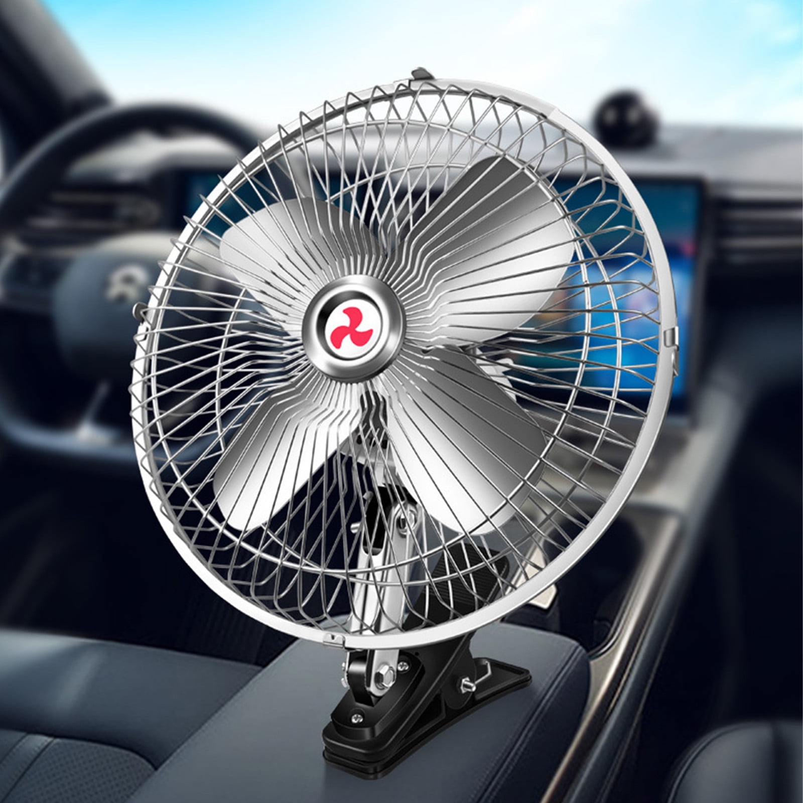 Car Fan 12V 24V Powerful Quiet Ventilation with Strong Wind, Rotatable Aluminum Alloy Blade Clip Fan for Vehicle SUV Truck RV, Adjustable Seat Fan with Cigarette Lighter Plug