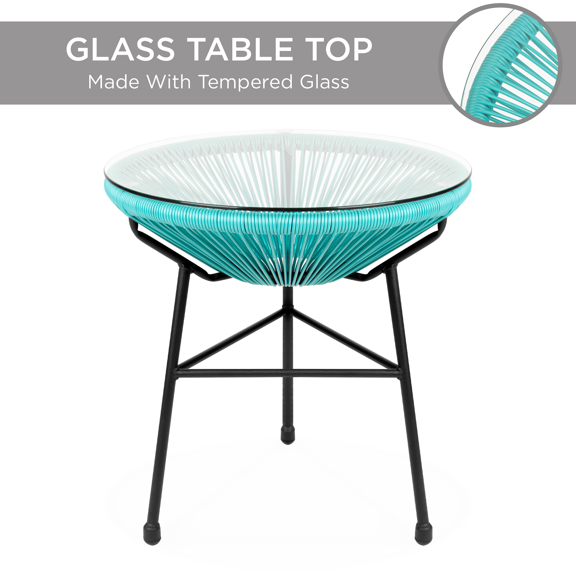 Best Choice Products 3-Piece All-Weather Patio Acapulco Bistro Furniture Set w/ Rope, Glass Top Table - Light Blue - image 5 of 7