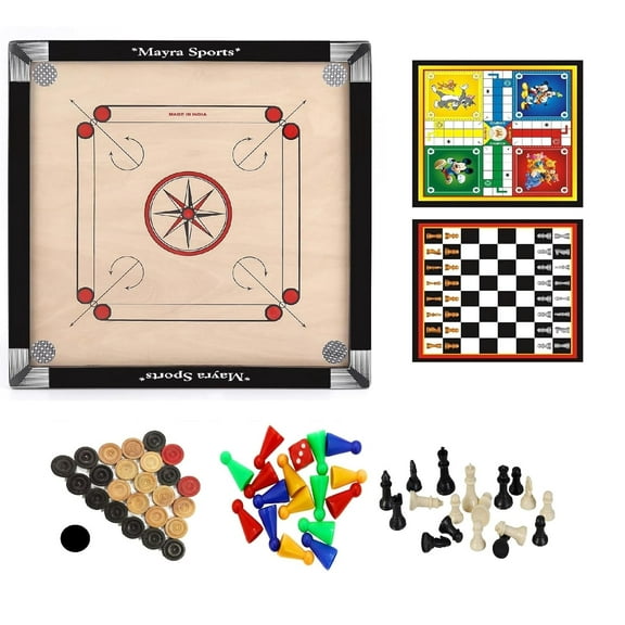 Primium Wooden Carrom Board With Ludo & Chess And All Accessories. (Large)