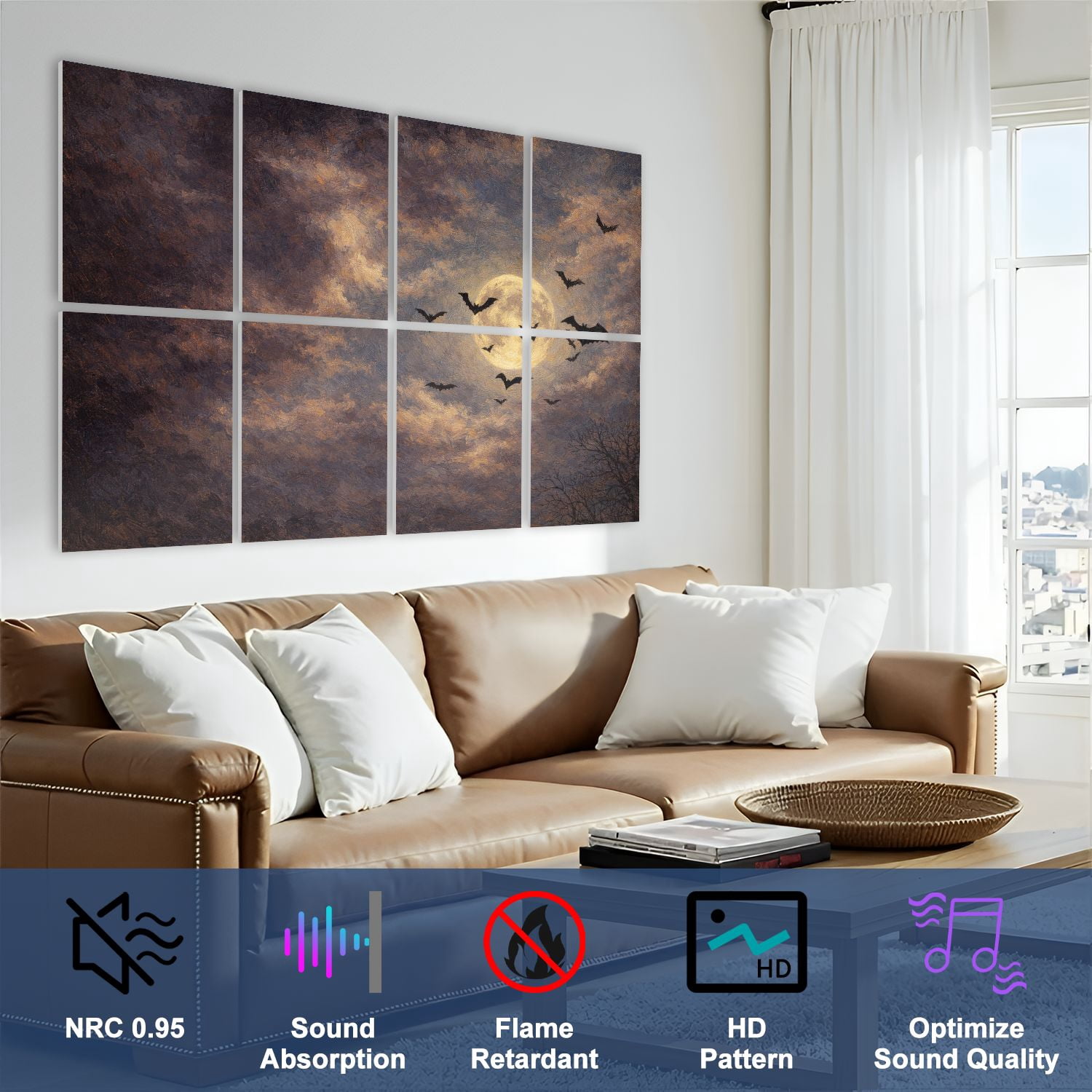 Rustic Farmhouse 8 Pack Art Acoustic Panels Sound Absorbing Spooky Halloween Sky Urban Night Moon Decorative Soundproof Wall Panels Self Adhesive for Nursery Game Room Bedroom 48"x32"