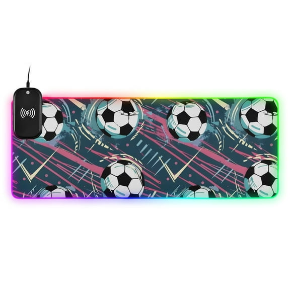 Wireless Charging Mouse Pad Large RGB Gaming Desk Mat 13 Light Modes Mousepad 31.5x11.8 Soccer Balls