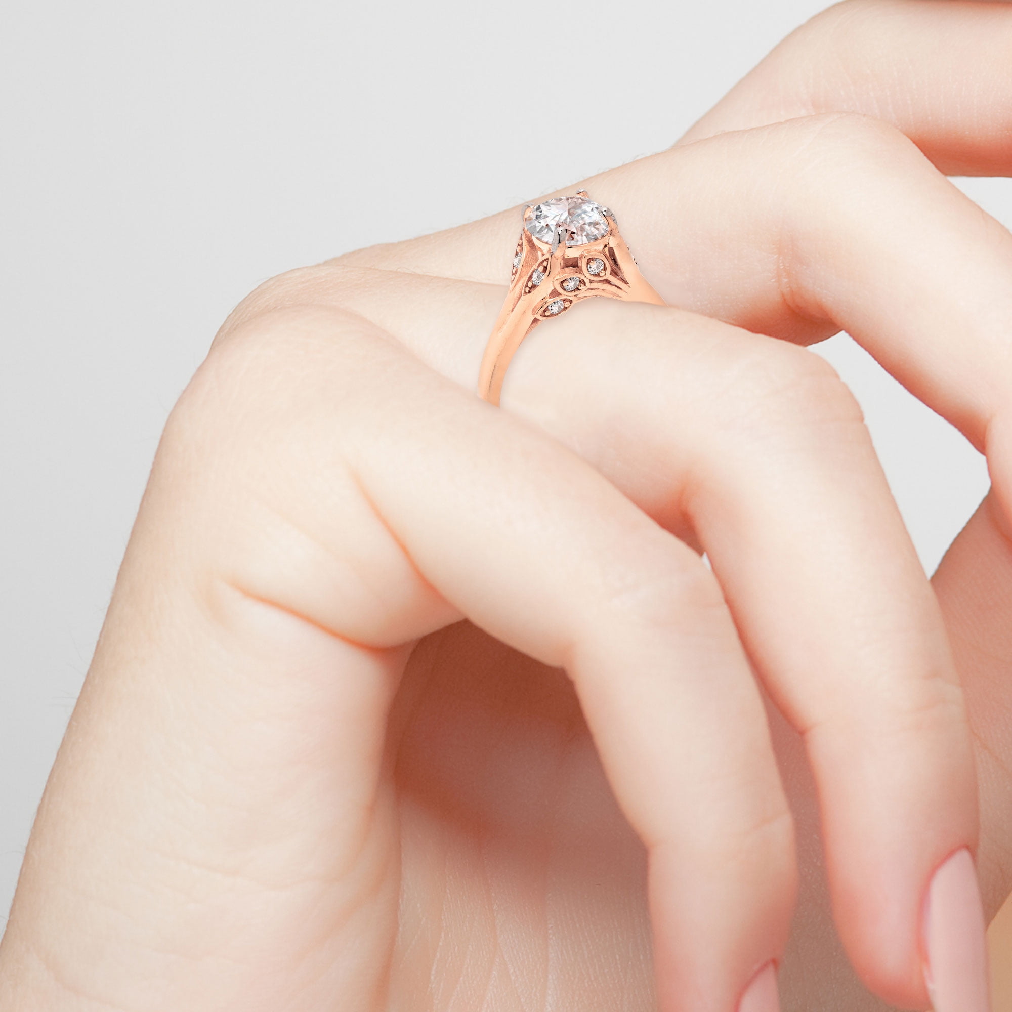 Personalized Planet 14K Rose Gold over Sterling Silver with Leaf Detail Engraved Wedding Ring White Topaz, One Size