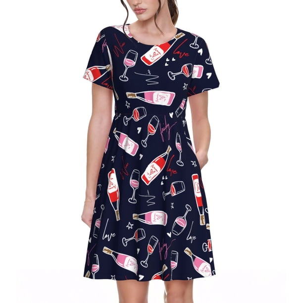Disketp Love Wine para Vestido de Manga Corta para Mujeres, Vestidos de Verano para Mujeres, Casual y Holgado para la Playa
