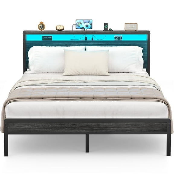 Homieasy Full Size Bed Frame with Charging Station and LED Strips, Industrial Platform Bed with Headboard and Storage, Steel Slat Support, No Box Spring Needed, Noise-Free, Easy Assembly, Black Oak